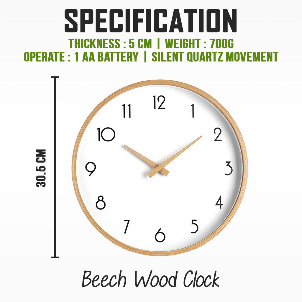 Beech Wood Clock Silent Quartz 30cm Wooden Big Wall For Living Room Minimalist Modern Nordic Home Decor