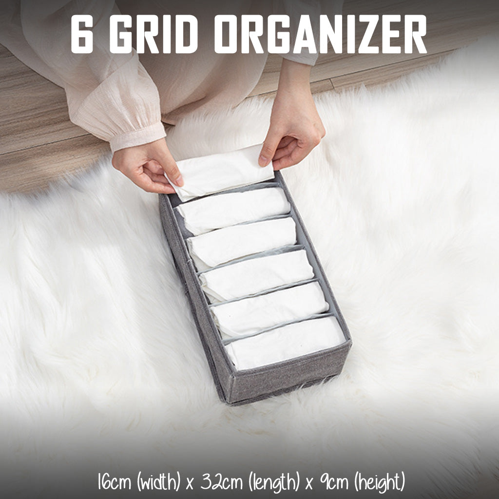 6 Grid Grey Clothes Organizer Wardrobe Storage Box Container Organiser Drawer Closet Underwear Socks