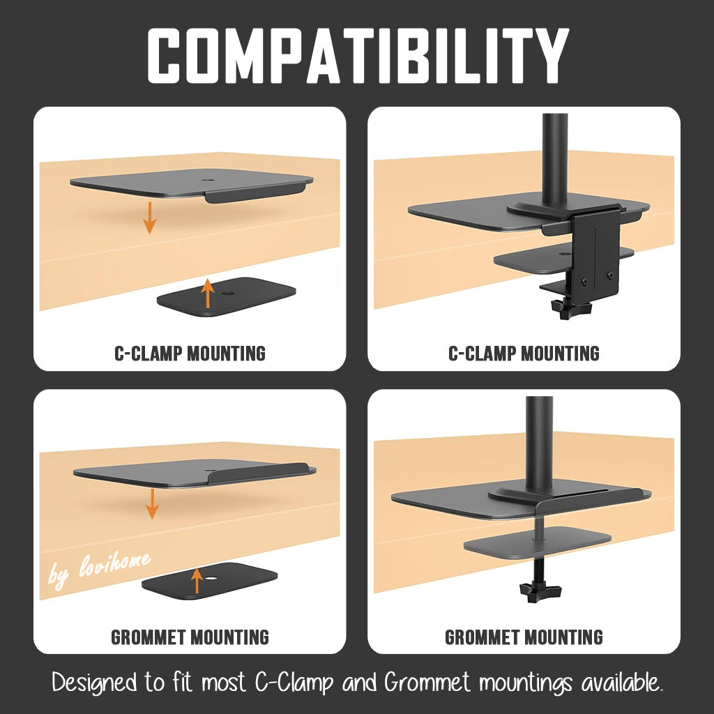 Steel Reinforcement Bracket Mount Plate for Thin, Glass, Wood, Fragile Table Tops, Monitor Stand C-Clamp & Grommet