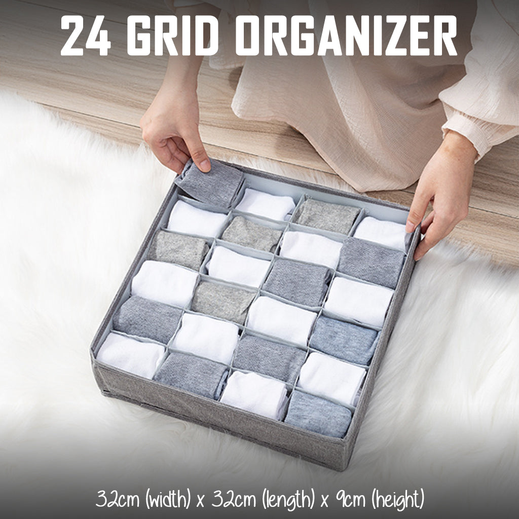 24 Grid Grey Clothes Organizer Wardrobe Storage Box Container Organiser Drawer Closet Underwear Socks