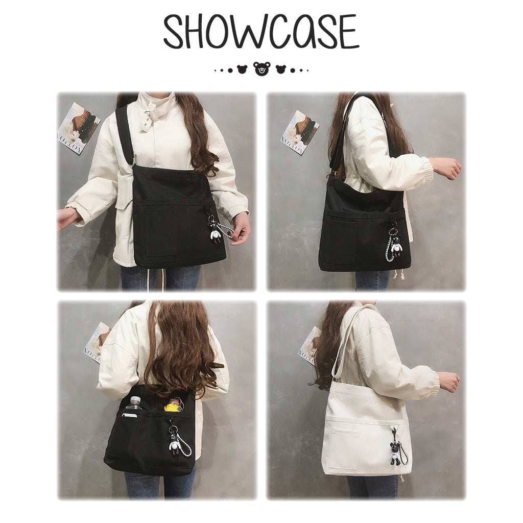 Canvas Sling Bag With Zip Black Handbag Woman Shoulder Tote Bags