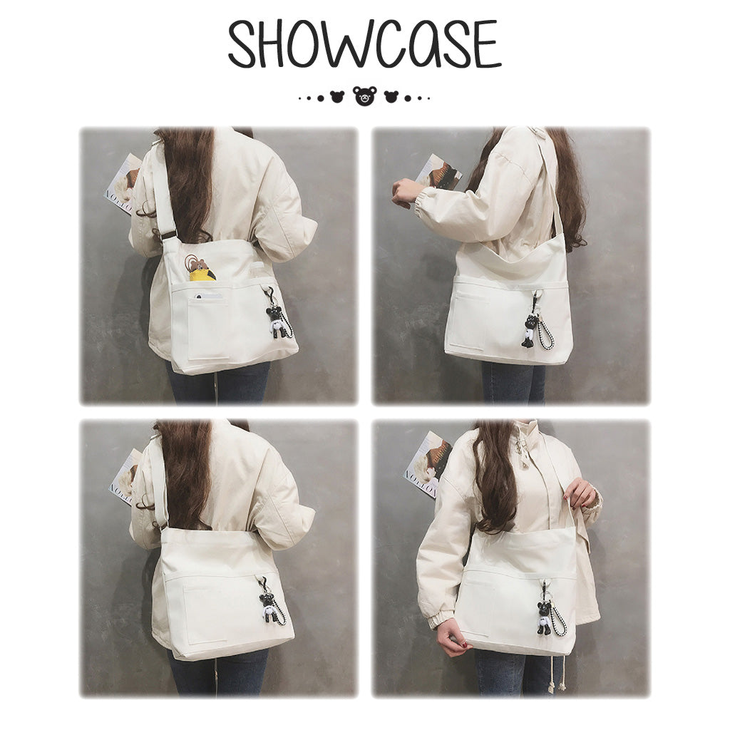 Canvas Sling Bag With Zip Black Handbag Woman Shoulder Tote Bags