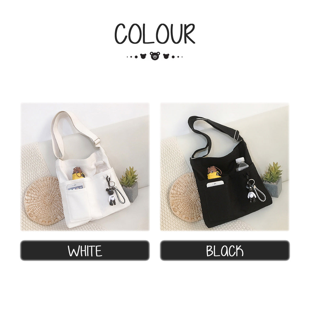 Canvas Sling Bag With Zip Black Handbag Woman Shoulder Tote Bags