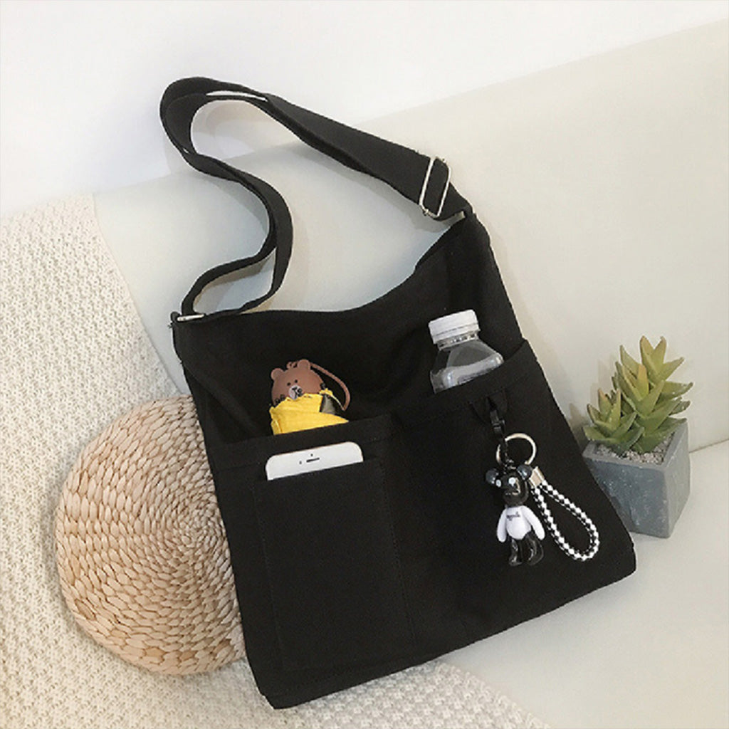 Canvas Sling Bag With Zip Black Handbag Woman Shoulder Tote Bags