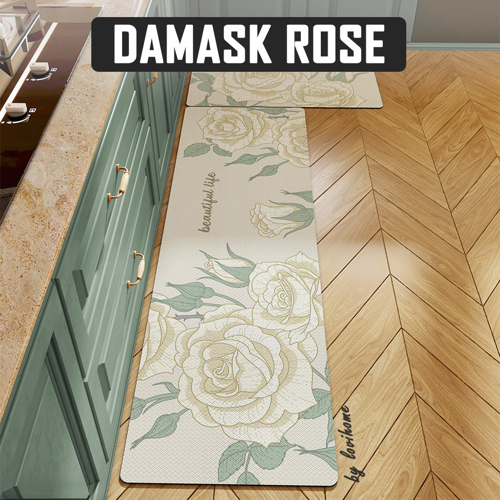 Kitchen PU Leather Damask Rose 45x150cm Non Slip Floor Mat Oil-proof Scratch Resistant