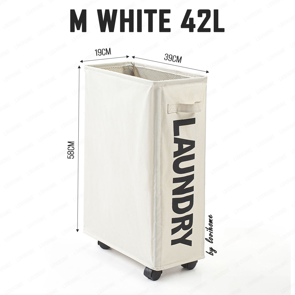 Premium Oxford 42L Beige White Laundry Basket with Wheels Foldable Cloth Bags Drawstring Cover