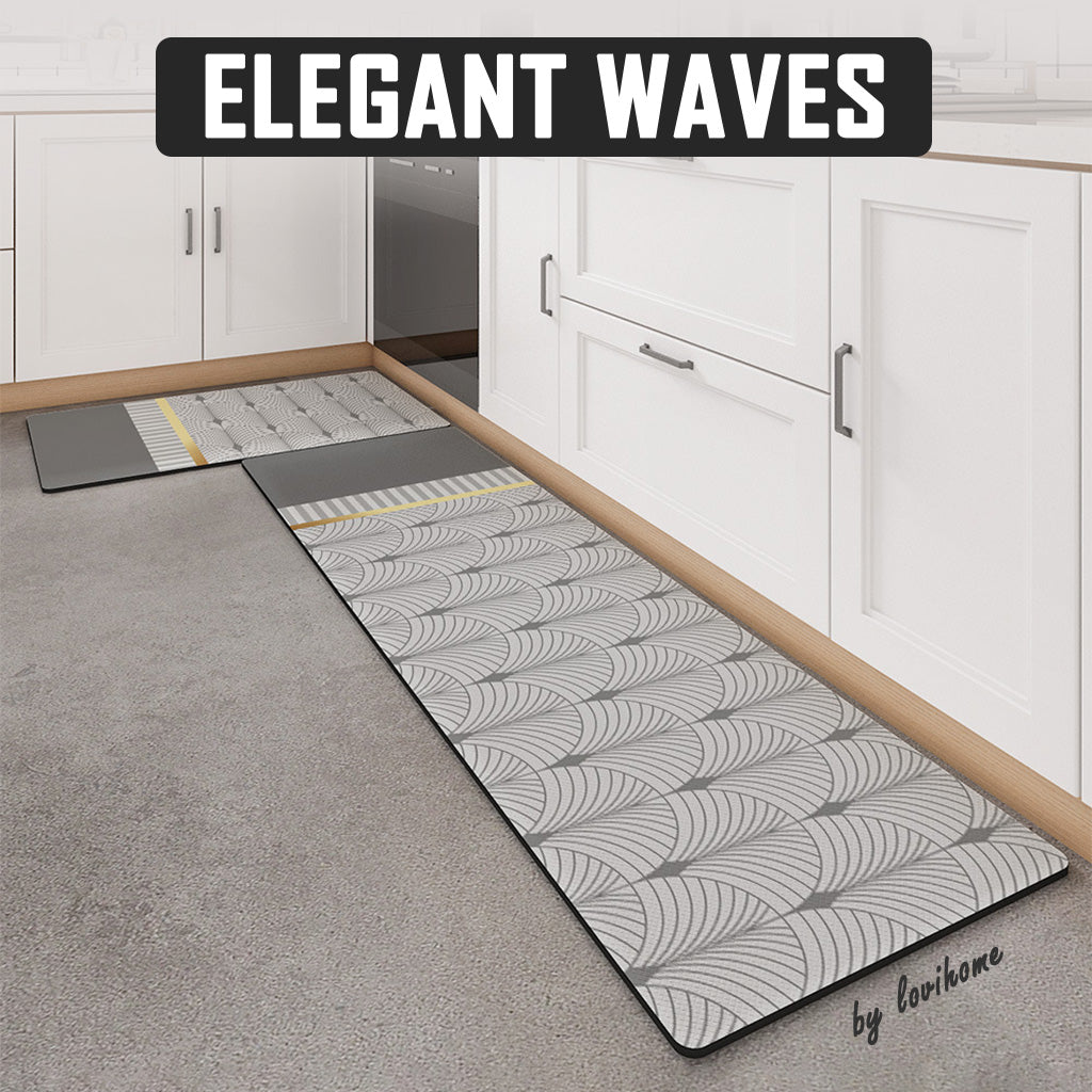 Kitchen PU Leather Elegant Waves 45x150cm Non Slip Floor Mat Oil-proof Scratch Resistant