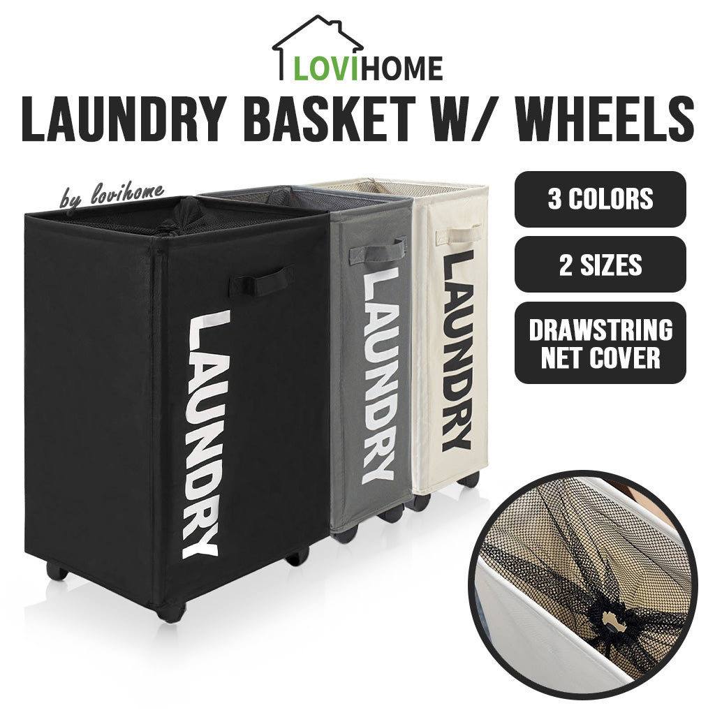 Premium Oxford 42L Beige White Laundry Basket with Wheels Foldable Cloth Bags Drawstring Cover