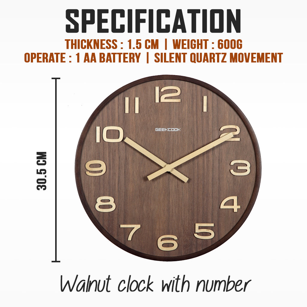 Geekcook Walnut Clock Silent Quartz 30cm Wood Big Wall For Living Room Minimalist Modern Nordic Home Decor