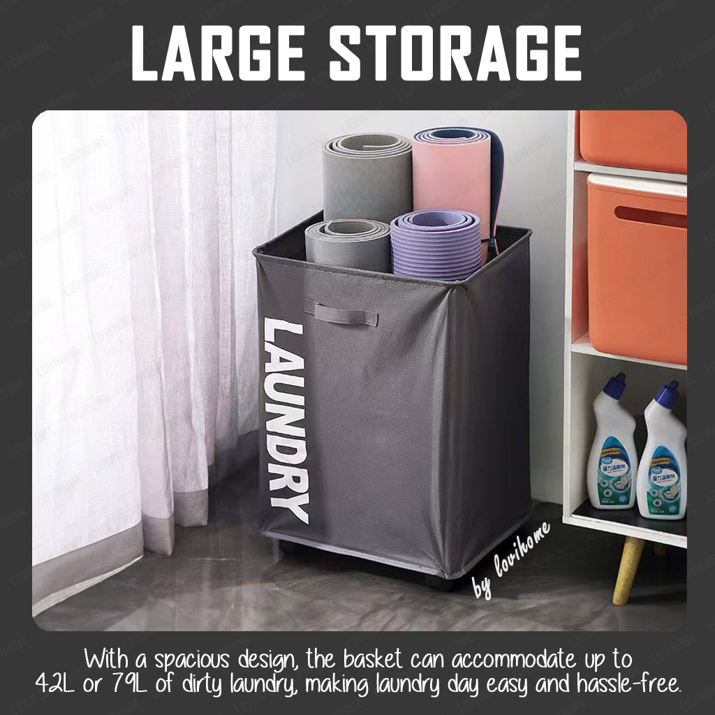 Premium Oxford 42L Beige White Laundry Basket with Wheels Foldable Cloth Bags Drawstring Cover