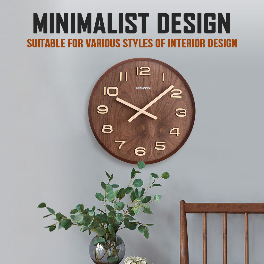 Geekcook Walnut Clock Silent Quartz 30cm Wood Big Wall For Living Room Minimalist Modern Nordic Home Decor