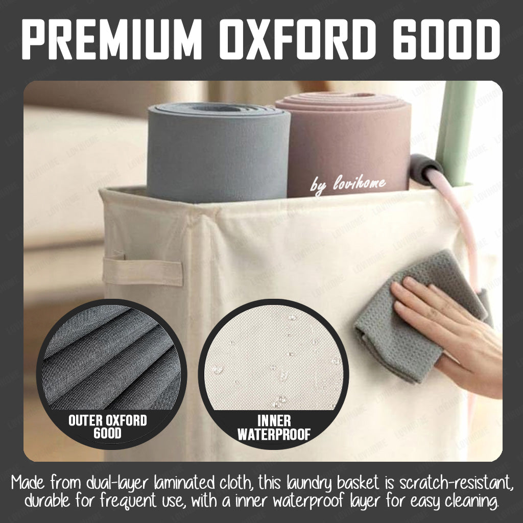 Premium Oxford 42L Beige White Laundry Basket with Wheels Foldable Cloth Bags Drawstring Cover