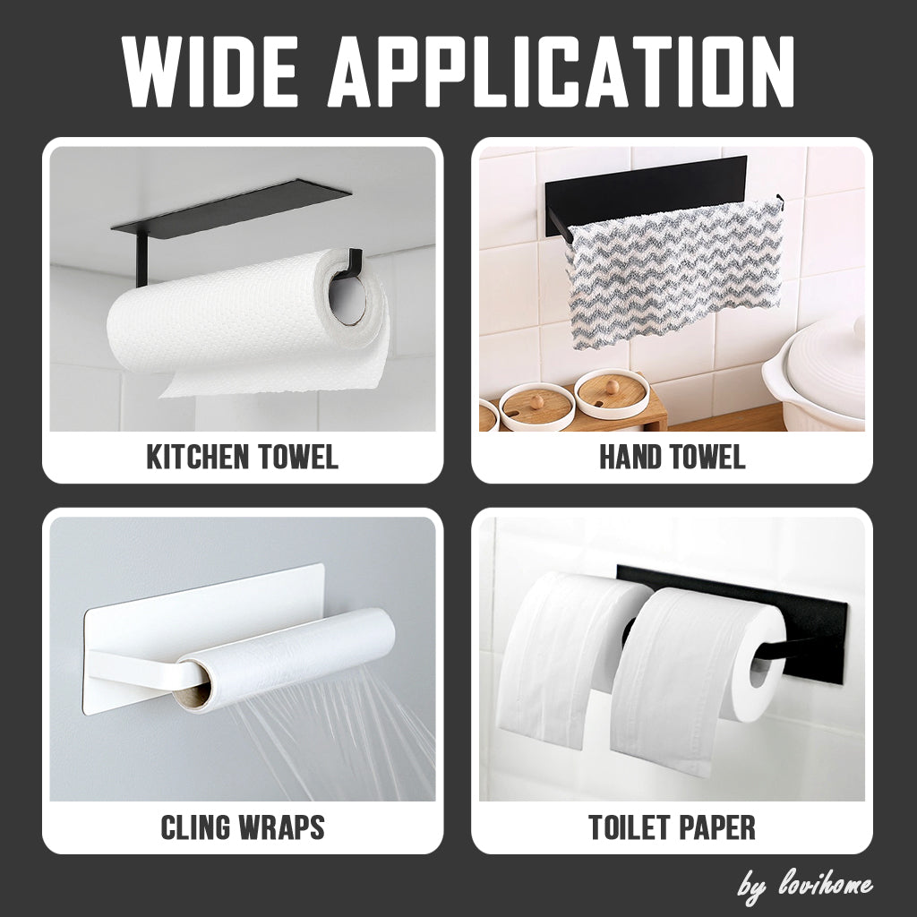 Adhesive No-Drill Black Kitchen Towel Holder Tissue Paper Bathroom Roll Shelf Organiser