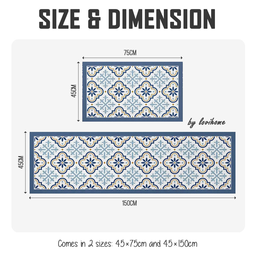 Kitchen PU Leather Blue Elegance 45x75cm 45x150cm Non Slip Floor Mat Oil-proof Scratch Resistant