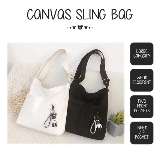 Canvas Sling Bag With Zip Black Handbag Woman Shoulder Tote Bags