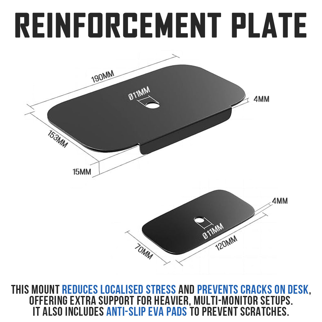 Steel Reinforcement Bracket Mount Plate for Thin, Glass, Wood, Fragile Table Tops, Monitor Stand C-Clamp & Grommet