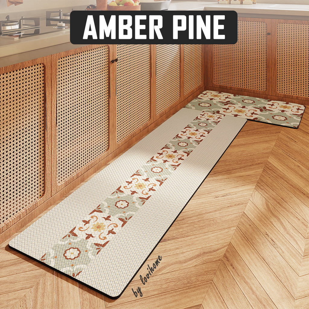 Kitchen PU Leather Amber Pine 45x150cm Non Slip Floor Mat Oil-proof Scratch Resistant