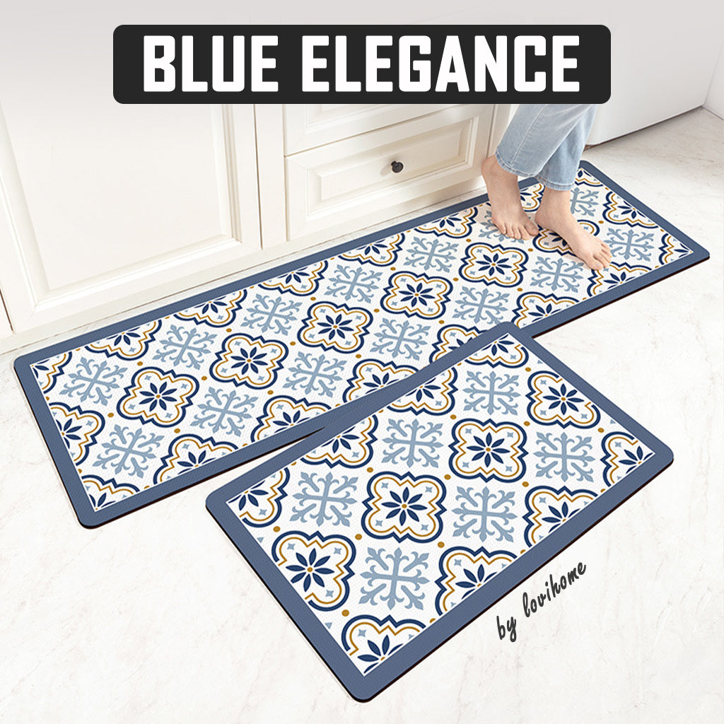 Kitchen PU Leather Blue Elegance 45x75cm 45x150cm Non Slip Floor Mat Oil-proof Scratch Resistant