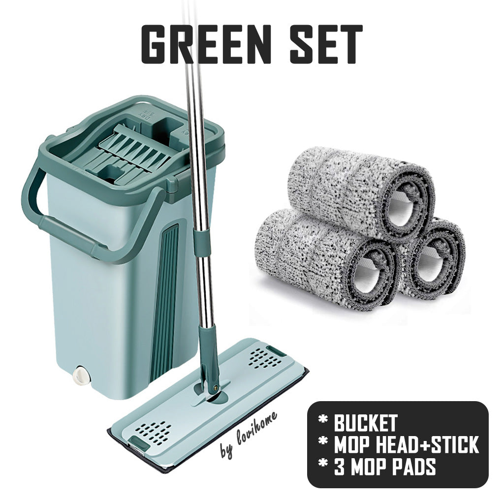 Compact Hands Free Flat Green Mop Bucket Removable Lid Refill