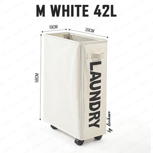 Premium Oxford 42L Beige White Laundry Basket with Wheels Foldable Cloth Bags Drawstring Cover