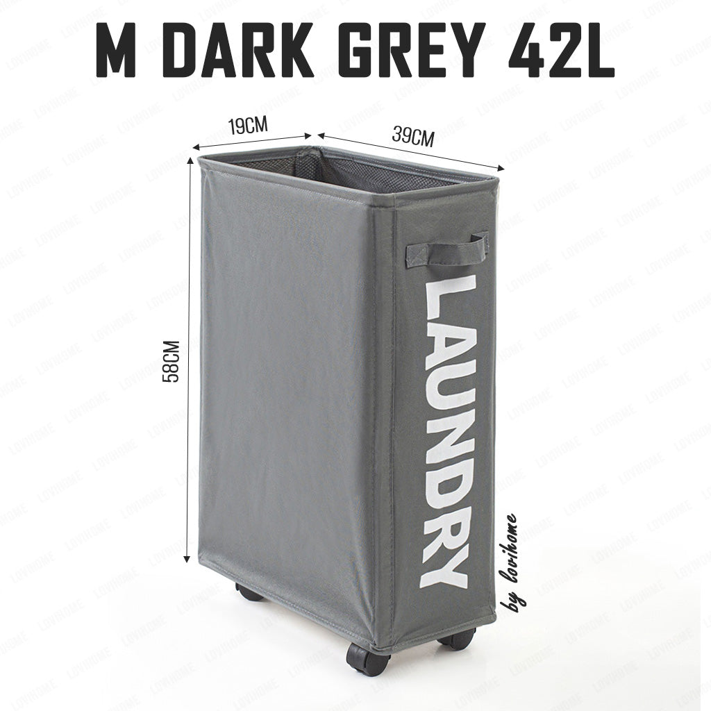 Premium Oxford 42L Dark Grey Laundry Basket with Wheels Foldable Cloth Bags Drawstring Cover
