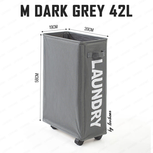 Premium Oxford 42L Dark Grey Laundry Basket with Wheels Foldable Cloth Bags Drawstring Cover