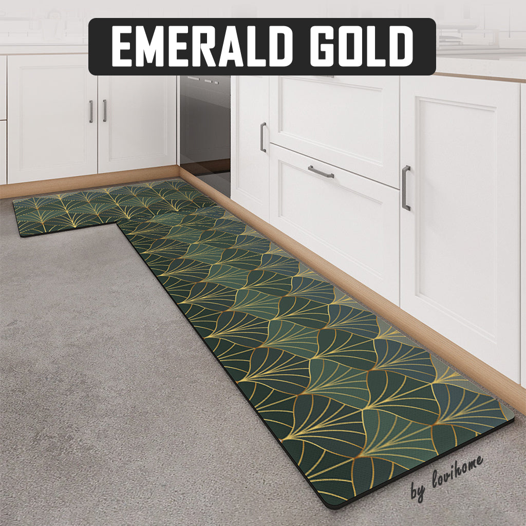 Kitchen PU Leather Emerald Gold 45x150cm Non Slip Floor Mat Oil-proof Scratch Resistant