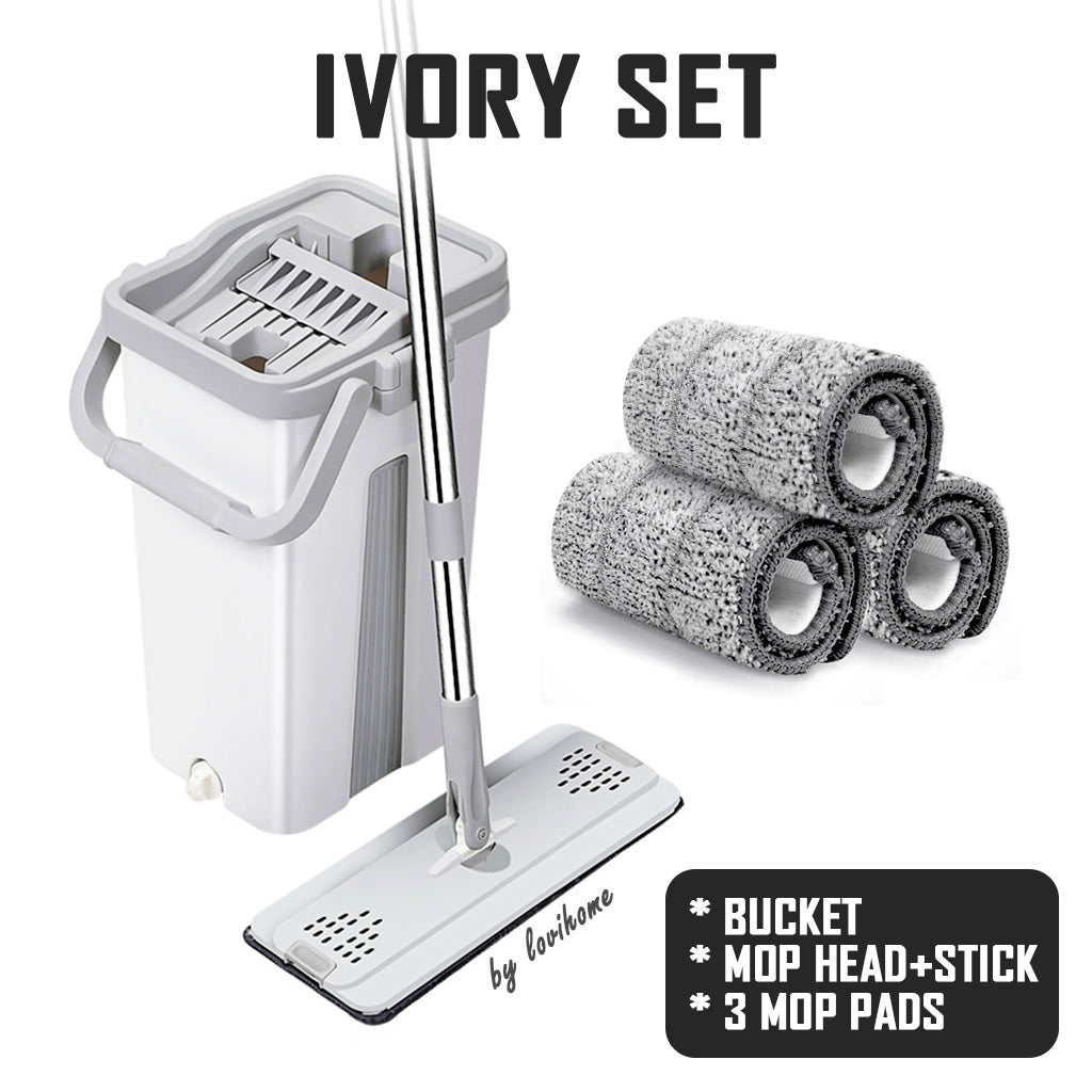 Compact Hands Free Flat Ivory Mop Bucket Removable Lid Refill