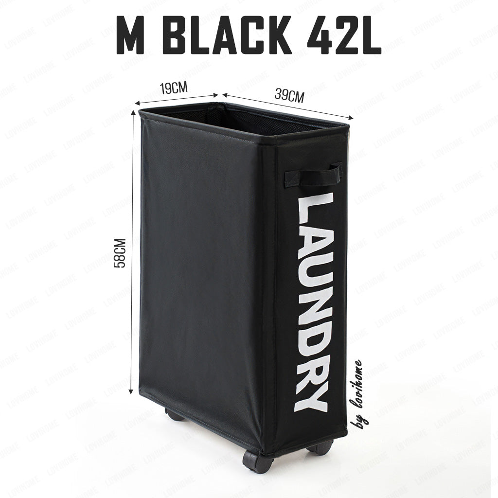 Premium Oxford 42L Black Laundry Basket with Wheels Foldable Cloth Bags Drawstring Cover