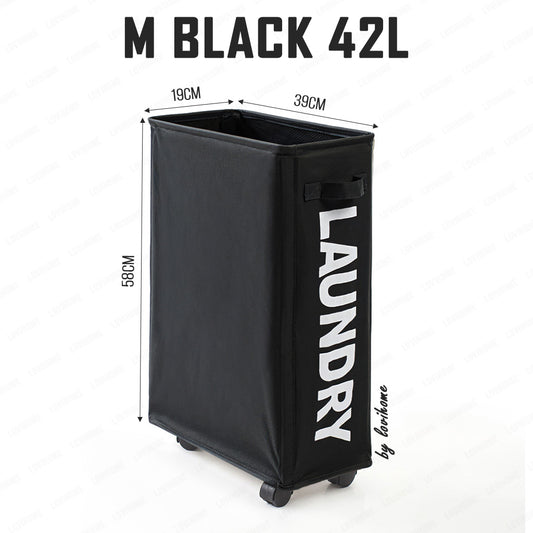 Premium Oxford 42L Black Laundry Basket with Wheels Foldable Cloth Bags Drawstring Cover