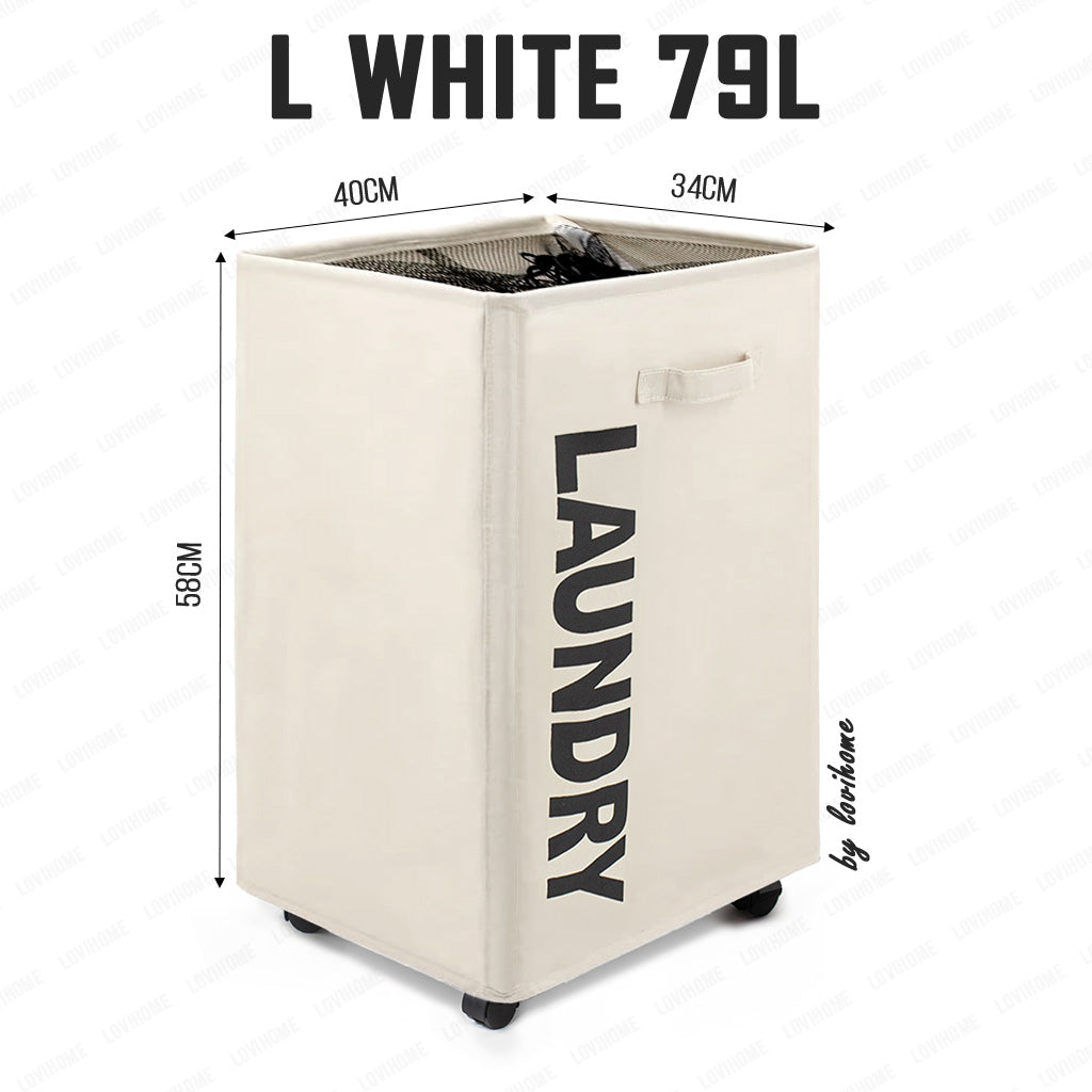 Premium Oxford 79L Beige White Laundry Basket with Wheels Foldable Cloth Bags Drawstring Cover