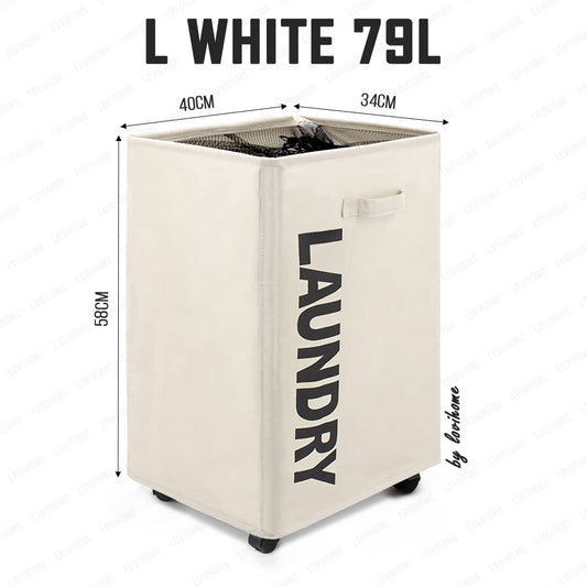 Premium Oxford 79L Beige White Laundry Basket with Wheels Foldable Cloth Bags Drawstring Cover