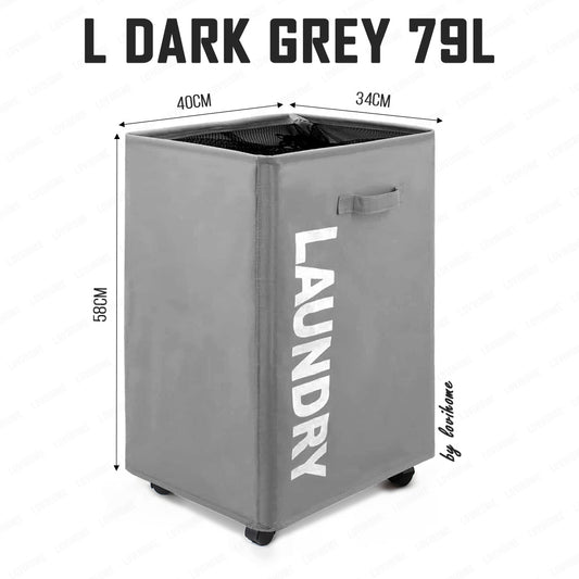 Premium Oxford 79L Dark Grey Laundry Basket with Wheels Foldable Cloth Bags Drawstring Cover