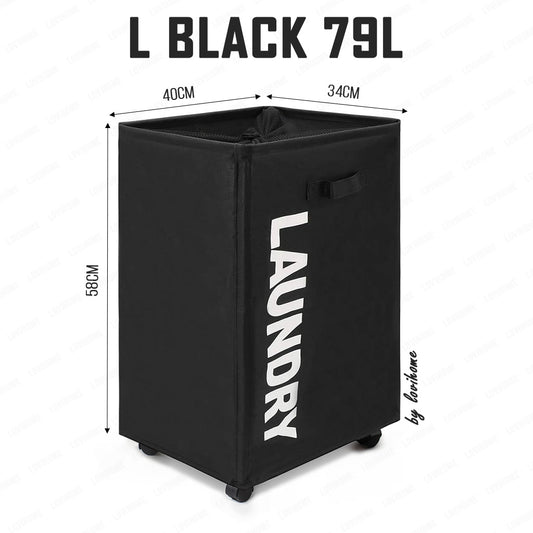 Premium Oxford 79L Black Laundry Basket with Wheels Foldable Cloth Bags Drawstring Cover