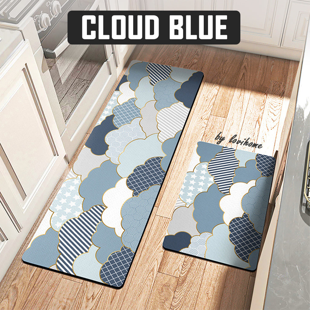 Kitchen PU Leather Cloud Blue 45x150cm Non Slip Floor Mat Oil-proof Scratch Resistant